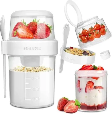Obrázek produktu pro Kelímek na müsli na cesty, kelímek na jogurt se lžičkou na cesty, 310ML+560ML nepropustný kelímek na jogurt, krabička na oběd (bílá)