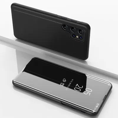 A black smartphone case with a reflective flip cover is shown in a studio setting.