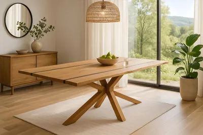 Produktbild von Esstisch Pedro | 160 x 85 cm | Akazienholz massiv | Farbe: Natur | Resin/Epoxidharz-River in Schwarz | echte Baumkante | Spider-Gestell Holz Natur