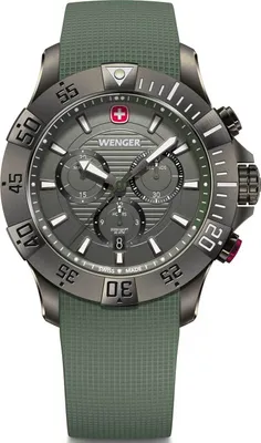 A close-up studio shot of a Wenger men's chronograph watch with a green rubber strap.