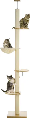 A cat tree with three cats on it, against a white background.