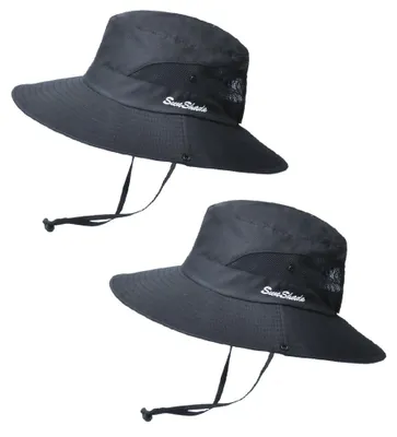 Produktbild von 2er-Pack Damen-Sonnenhüte mit UV-Schutz, faltbar, aus breitem Netzgewebe, ideal für Strand und Angeln, mit Öffnung für einen Pferdeschwanz, schwarz