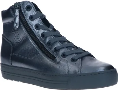 A single silver high-top sneaker with laces and a side zipper is shown against a white background.