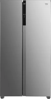 A front view of a silver Beko side-by-side refrigerator.