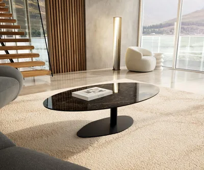 Produktbild von DELIFE Couchtisch Edge Oval 140x80 cm Keramik Emperador Extra Lucidato Dunkelbraun Vibany Metall Schwarz