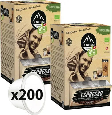 Produktbild von La Natura Kapseln ESPRESSO Kaffee XXL BOX 200 Kaffeekapseln | La Natura Lifestyle Organic 1020g| biobasiert | Nespresso®*³ kompatibel