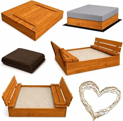 Imagen del producto de Caja de arena de 100x100 cm. Caja de arena de alta calidad, tratada e impermeabilizada, con tapa y bancos integrados. Cubierta de lona. Fabricada en madera de pino. Forro para caja de arena en color ámbar, también tratado