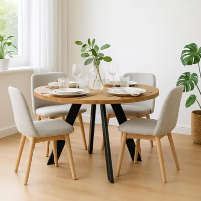 Produktbild von Runder Ausziehbarer Tisch für Esszimmer, LEX, Loft-Stil, Skandinavische, Durchmesser: 110 / 160 cm, Farbe: Eiche Wotan / Schwarz