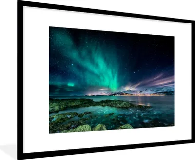Produktbild von MuchoWow® MuchoWow® Gerahmtes Poster Nordlichter - See - Norwegen 90x60 cm - Poster mit zchwarzem Bilderrahmen - Wanddekoration - Fotos