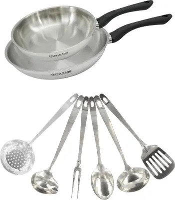 Image de Set 2 poêles 20 et 28 cm en inox et 6 ustensiles inox Fackelmann Geneva