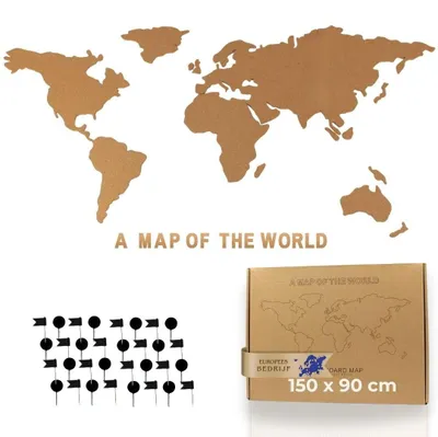 Obrázok produktu pre Dekoratívna mapa sveta na stenu, rozmery 150 x 90 cm, s kolíkmi