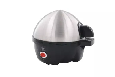 An electric egg cooker with a stainless steel lid.