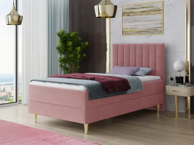 Produktbild von Boxspringbett Gold Mini mit Bettkasten, Bonell-Matratze und Topper - Einzelbett mit Matratzentopper, Polsterbett, Bett, Schlafzimmer, Jugendzimmer, Velours Stoff (Pink (Manila 09), 120 x 200 cm)