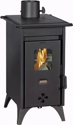 A black wood-burning stove with a glass door showing flames and burning wood.