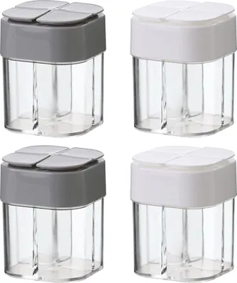 Produktbild von Gewürzstreuer, Küchen- und Campinggewürzbox, 4-in-1-Gewürzbehälter mit Deckel, transparente Pfefferflasche aus Kunststoff, geeignet für alle Arten von Gewürzen zum Mitnehmen auf Reisen im Freien (2 Stück grau und 2 Stück weiß)