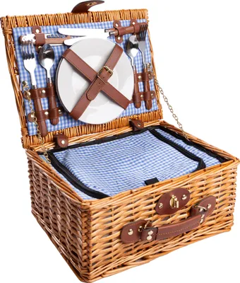 Produktbild von H&D Manufaktur, Picknickkorb, Blau, mit Kühlfach, für 2 Personen, aus Naturweide, handgewebt & handgenäht, inkl. Besteck, Geschirr & Multifunktionsmesser, 34.5x26x16 cm, 1.5 kg, 10.3 L Kühlfachvolumen