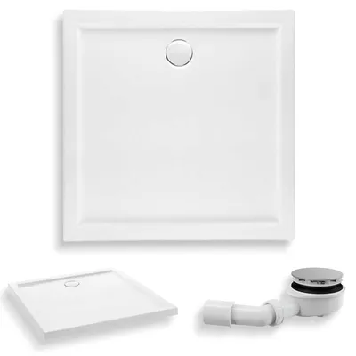 Zdjęcie produktu dla Brodzik Posadzkowy Prysznicowy Kwadratowy 80x80x5,5 Akrylowy, Gładki | w zestawie - Syfon, odpływ ⌀90 mm | BADLAND GOLIAT