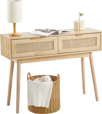 Produktbild von Rattan-Konsolentisch - Flurtisch mit 2 Schubladen - Dekotisch mit Schiebetüren - Natürlicher Look für Eingangsbereich