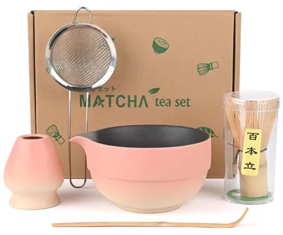 5-teiliges Matcha-Set Rosa – Keramikschale, Bambusbesen, Sieb