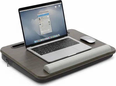Produktbild von Relaxdays Laptopkissen mit Tasche, BxT: 43 x 32 cm, Handyhalterung, Handballenauflage, Laptop Knietablett, braun/grau