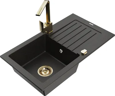 Produktbild von Mexen Pablo 1 Becken-Granitspüle mit Abtropffläche und Mischbatterie Rita, Schwarz/Gold metallisch- 6510-75-670300-50