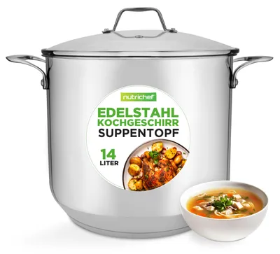 Produktbild von NutriChef Edelstahl Kochtopf 14 L mit Glasdeckel | Induktion & Gas geeignet | Gr