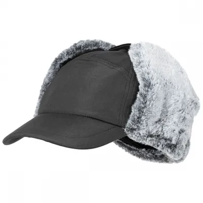 A black winter cap with gray fur trim is shown against a white background.