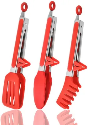 Produktbild von Ibenzoa® 3‑tlg. Silikon-Küchenzangen-Set (26,5×5,7 cm) aus Edelstahl 304 & lebensmittelechtem Silikon, hitzebeständig 300°C, mit Standfuß & Klickverriegelung – Rot