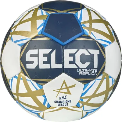 A close-up studio shot of a Select EHF Champions League handball.