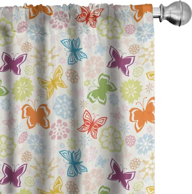 Image de ABAKUHAUS Rideaux papillon, voilages, silhouette caricaturale d'animaux avec fond imprimé fleurs, 2 pièces 75 x 225 cm, multicolore