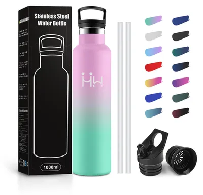 Produktbild von JAPORIA Isolierflasche 1L, Auslaufsicher Edelstahl Trinkflasche mit Strohhalm, T