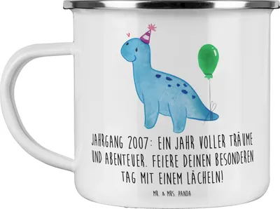 Produktbild von Mr. & Mrs. Panda Emaille Tasse 2007 Geburtstag - Weiß - Geschenk, Happy Birthday, becher, Erinnerungen, Outdoor, Geburtstagsgeschenk, Pott, Jubiläum, Träume und Abenteuer