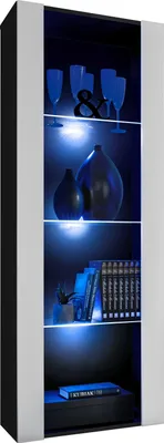 Produktbild von Komodee | Vitrine Schrank Tivoli mit 3 Regalböden, Korpus Schwarz Matt Frontfarbe Weiß Matt, LED Blau