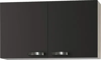 A close-up, front-facing view of a dark gray, two-door wall cabinet with silver handles.