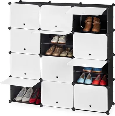 Immagine prodotto di Scarpiera a cassetti con ante - in plastica e metallo - 125x125x32 cm - bianco e nero