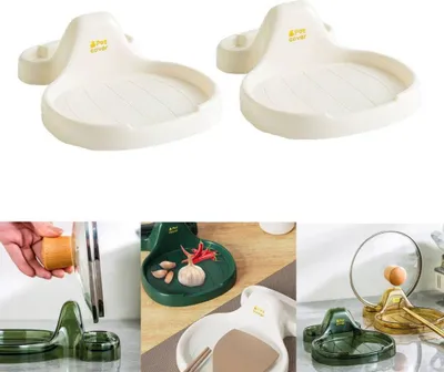 Produktbild von 2 Stücke Topfdeckelhalter Löffelablage multifunktionale Küchenutensilienablage mit Abtropfschale Halter für Topfdeckel und Löffel Küchenutensilienständer, 18,5 x 14 x 6 cmm, Weiss