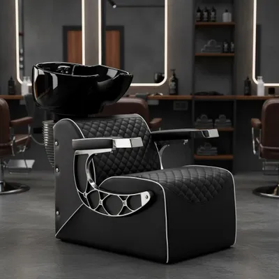 Produktbild von Connor Friseur- und Barber-Waschplatz mit verstellbarem Keramikwaschbecken und kompletter Armatur inklusive Mischbatterie und Handbrause für Salons