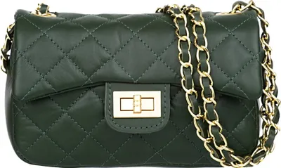 Produktbild von Festa Damenhandtasche aus italienischem Leder – Pikierte Textur, Drehverschluss, für die Schulter, 22x14x8 cm, Flaschengrün, Goldene Beschläge Elegant