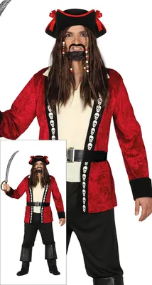 Immagine prodotto di Pirata Avventura Capitano Rosso Giacca Cappello Pantaloni Camicia Cintura, Taglia: 56 - 58 (XXL) Colore: Rosso