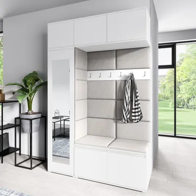 A modern entryway furniture set with storage, a bench, and a mirror.