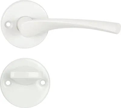 A white door handle set, including a lever handle and a WC lock mechanism, is shown against a white background.