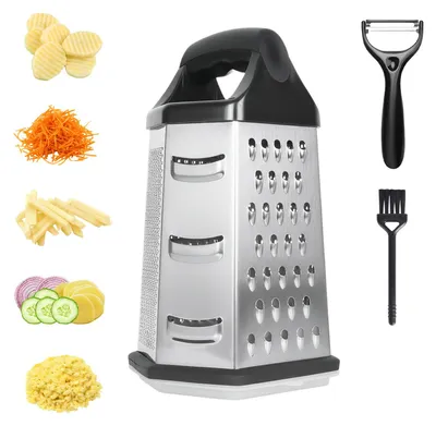 Produktbild von 6-Kant Edelstahl Küchenreibe mit Behälter, Handreibe mit Schäler und Reinigungsbürste, Multi Gemüsehobel für Grobes, Mittleres, Feines, Reibe und Schneiden