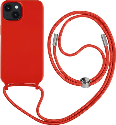 A red iPhone case with a red lanyard is displayed against a white background.