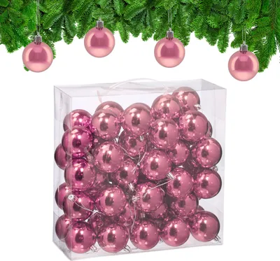 Image de Lot de 50 boules de Noël Relaxdays, en plastique, diamètre : 6 cm, décorations festives pour sapin de Noël, boules brillantes, roses
