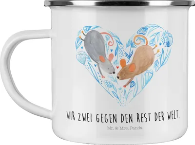 Produktbild von Mr. & Mrs. Panda Campingtasse Mäuse Herz - Weiß - Geschenk, Hochzeit, wandertasse, Freundin, Emaille Tasse, Liebe, Motivtasse, Lieblingsmensch, Becher, Teetasse, Pott
