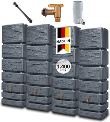 Produktbild von 4rain SLIM STONE DECOR Wandtank Komplett-Set 1400 Liter graphite grey, 4 x SLIM 350 L inkl. Verbindungsset, Kunststoff-Auslaufhahn und Fallrohranschluss