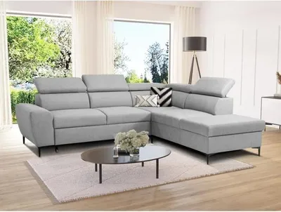 Image de Canapé d'angle convertible KASIMIR, réversible, coffre de rangement, tissu gris, 5 places, 258 cm