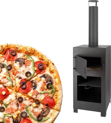 Produktbild von Pizzaofen Gartenkamin Schwarz aus Stahl – Outdoor Kamin & Terrassenofen mit Pizzastein, Grillrost und Schornstein, Holzofen / Pizzaofen für Garten