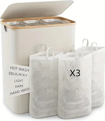 Produktbild von INF Multifunktionaler Wäschekorb mit 3 Netztaschen und Sortieretiketten Weiß