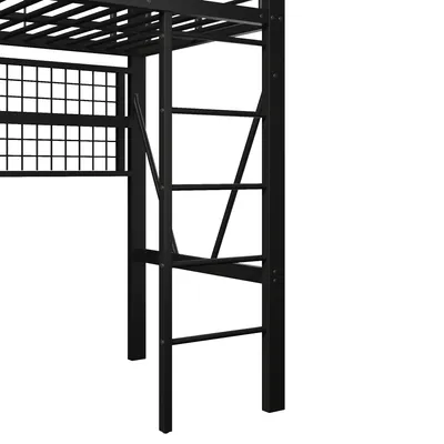 Close-up view of the ladder and side of a black metal loft bed.